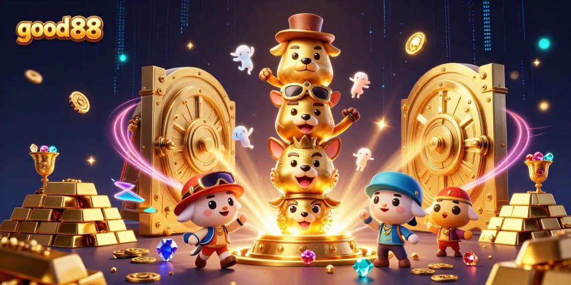 Experience excitement with good 88 as golden treasures burst from a vault in this vibrant casino scene.