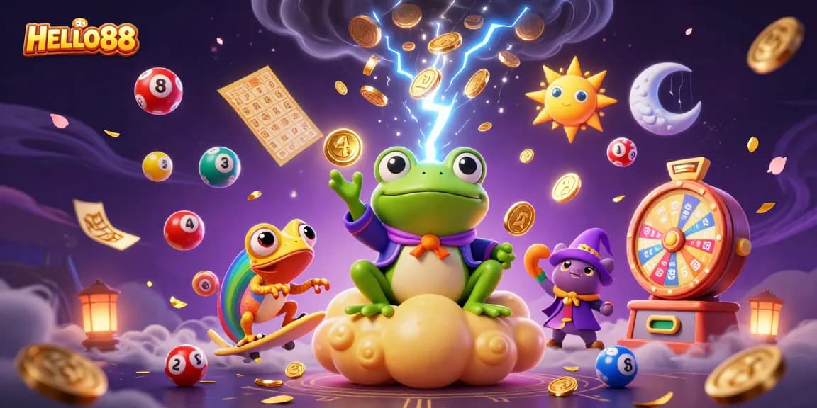 Experience the excitement of HELLO88 with vivid 3D characters amidst a dynamic casino scene of gold, games, and fun.