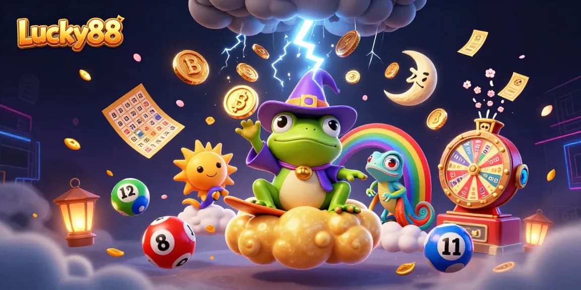 Experience excitement at Lucky88 with vibrant illustrations of a wizard frog and chameleon in a casino setting.