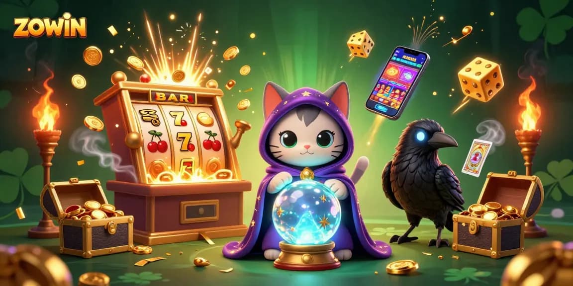 Zowin captivates with a vibrant casino scene full of fortune teller magic, animating slot excitement and dazzling wins.