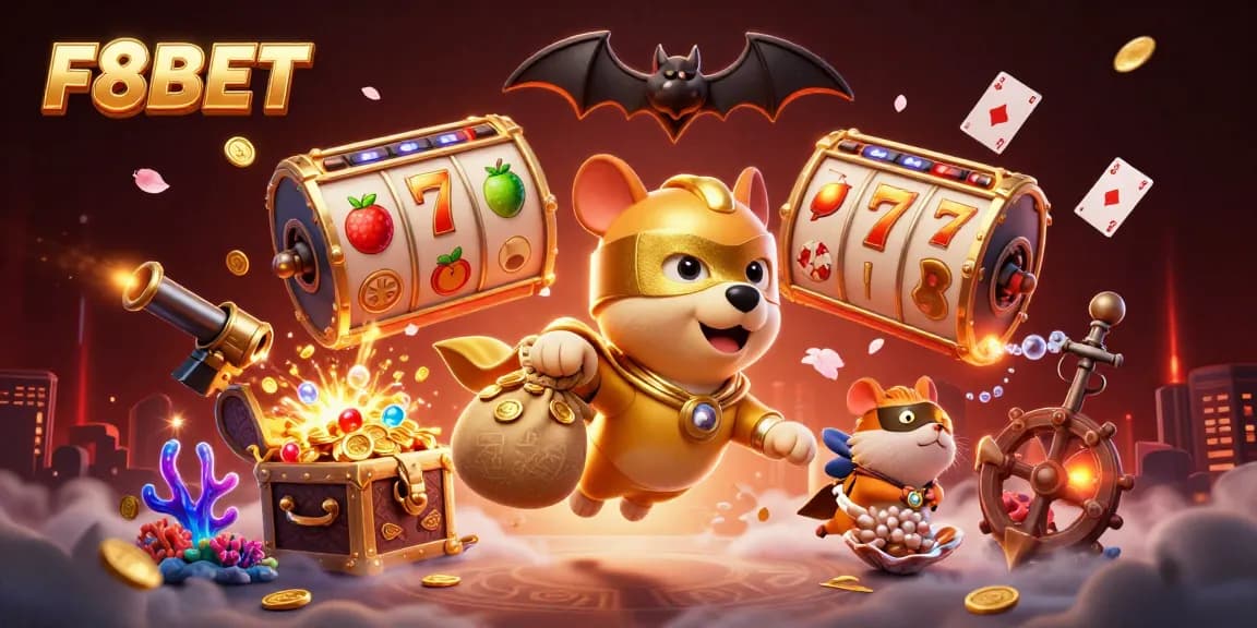 Win big with F8BET in this vibrant 3D cartoon illustration showcasing thrilling jackpots and gaming excitement.