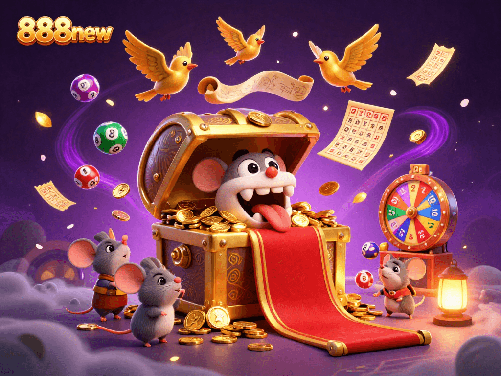 Engage with 888new in a colorful, dynamic illustration of a lottery experience featuring vibrant elements and playful characters.