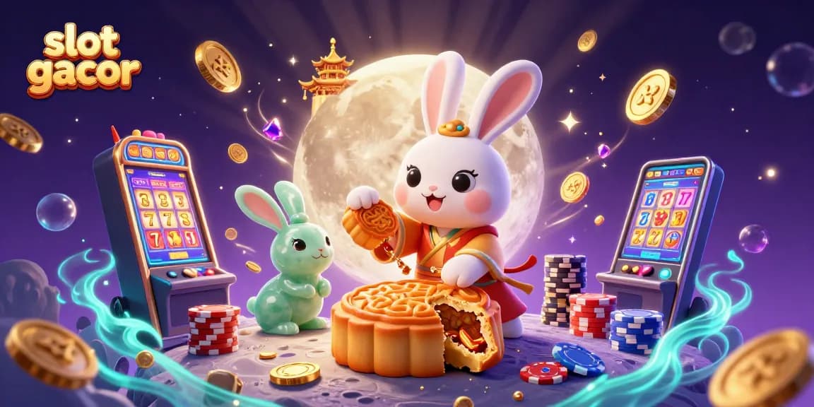 Experience the excitement of slot gacor with a vibrant 3D illustration showing a moon rabbit themed casino scene filled with treasures.