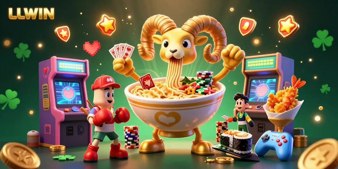 LLWIN introduces an exciting atmosphere filled with playful characters and glowing gaming machines, presenting vibrant casino action.