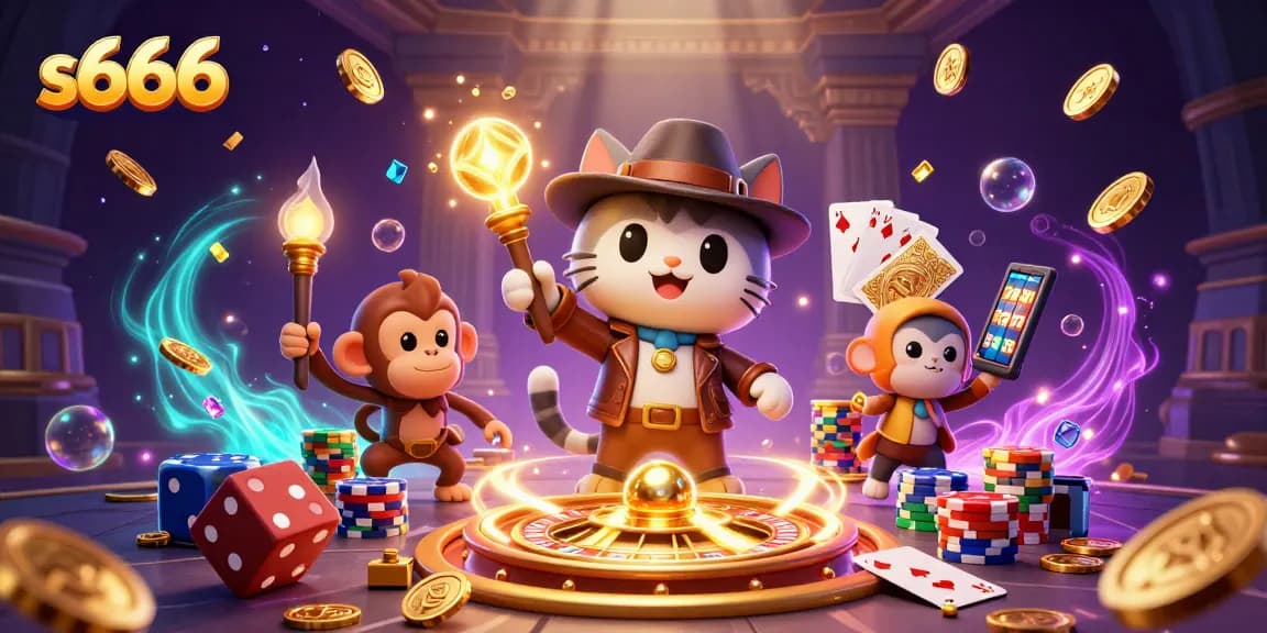 S666 offers a vibrant online gambling experience with dazzling elements like golden coins and lively game characters.