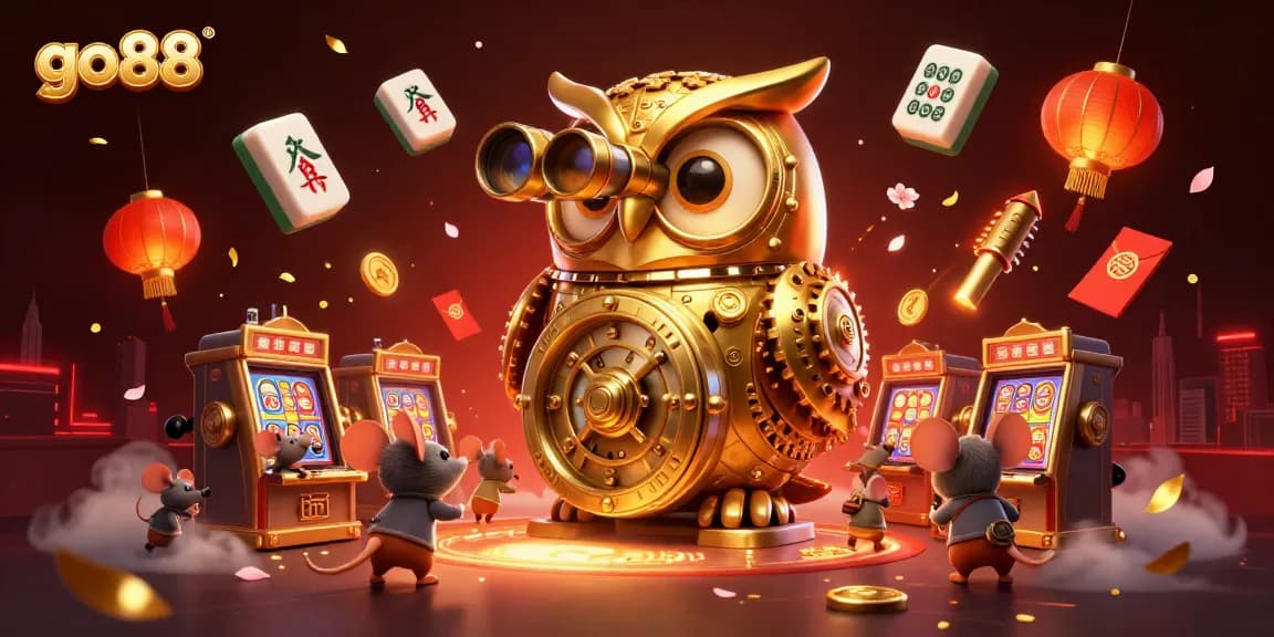 Experience go88 with a clockwork owl in a vibrant casino scene filled with lucky symbols and dynamic elements.