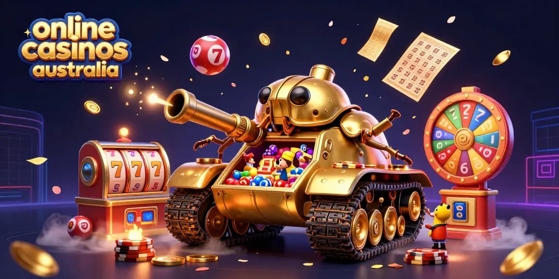 Engage with online casinos Australia through an energetic 3D casino-themed scene featuring a golden beetle tank and vibrant lottery elements.