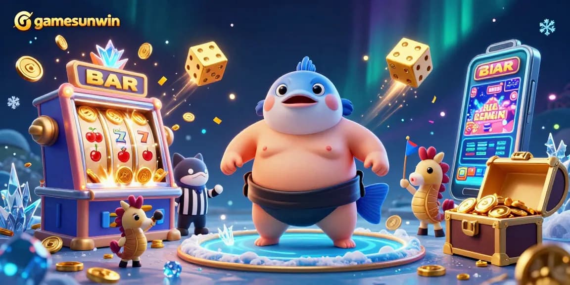 Spin the reels with gamesunwin's vibrant casino scene featuring a fun fugu and jackpot excitement.