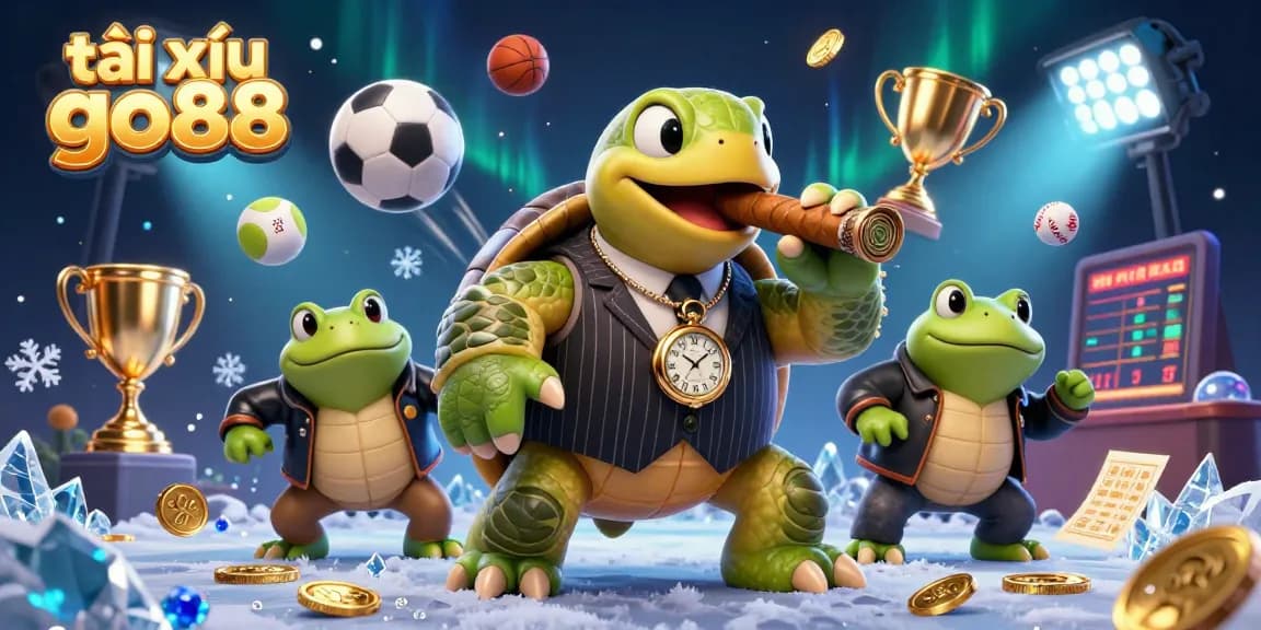 Tài xỉu go88 showcases a dynamic casino scene with a snapping turtle mobster and bullfrog enforcers, conveying vibrant gambling energy.