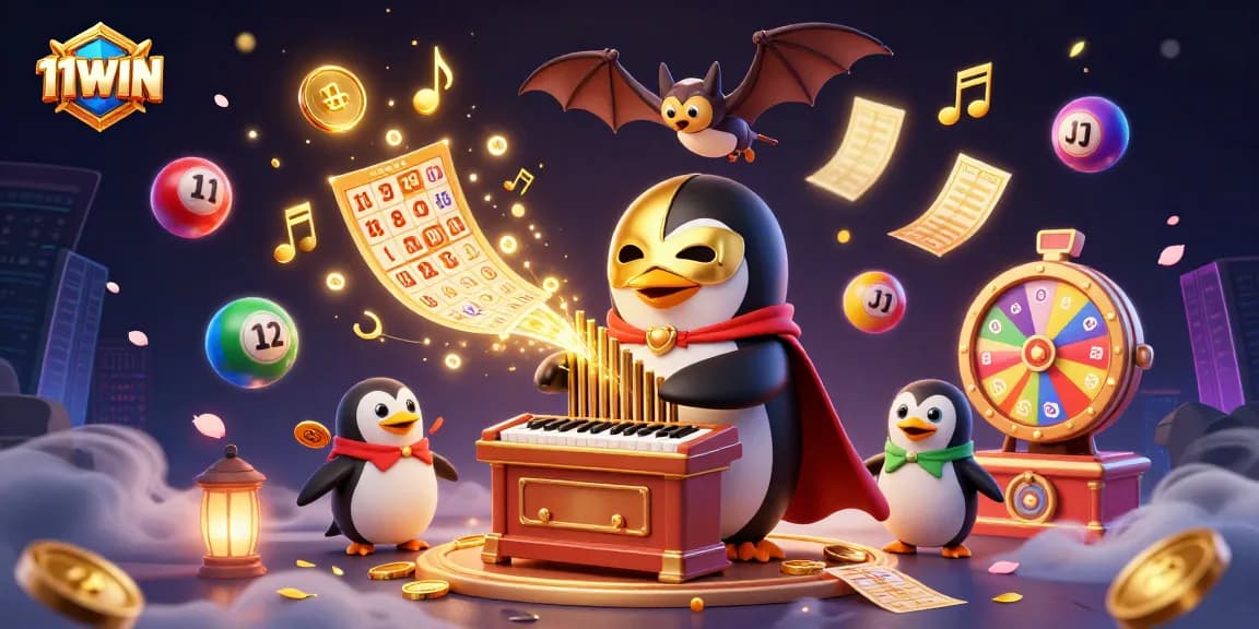 Win big with 11WIN’s fantasy-themed casino scene featuring a whimsical penguin and vibrant prizes.