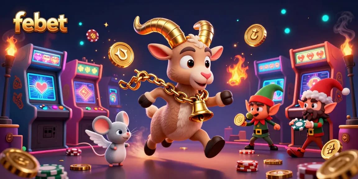 Experience thrill and excitement in febet's vibrant casino featuring Krampus, an angel mouse, and elf gremlins.