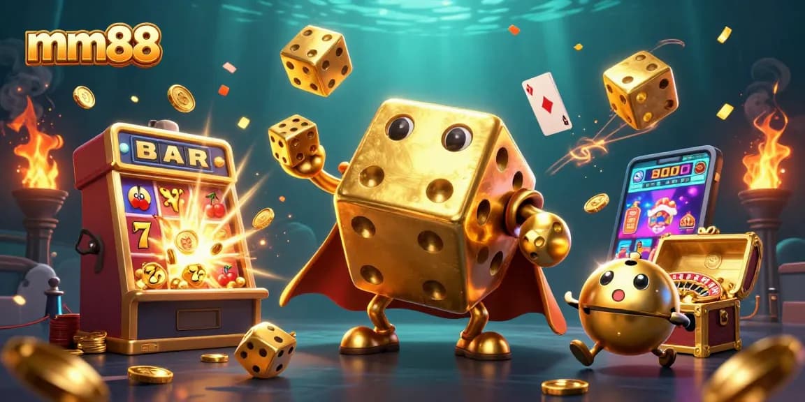 Experience thrilling gameplay with mm88's vibrant casino elements in a dynamic 3D illustration.
