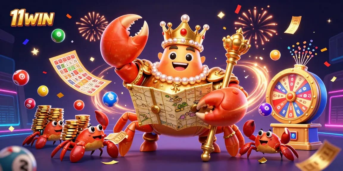 Experience excitement with 11WIN's golden crab emperor surrounded by colorful lottery elements in a vibrant casino scene.