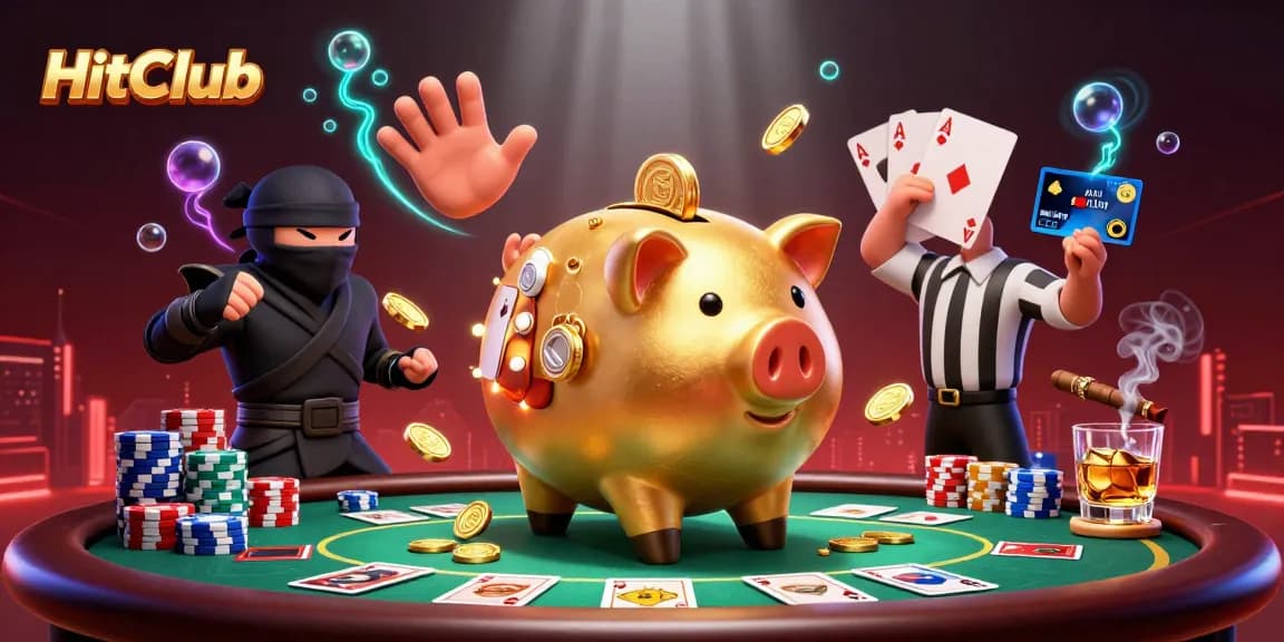 HitClub gaming scene showcases a piggy bank sumo wrestler and characters winning at the poker table.