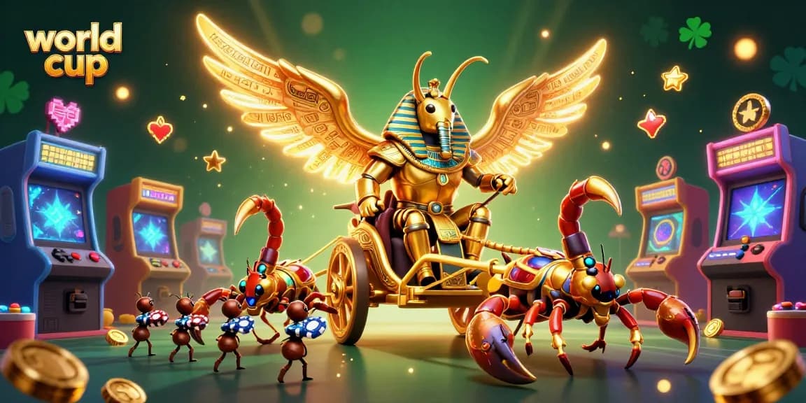Experience thrilling World Cup gaming action with a golden beetle chariot in a vibrant casino setting.