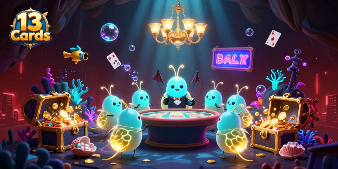 Experience thrilling 13 cards gameplay in an illuminated cave casino with bioluminescent worm ambiance.