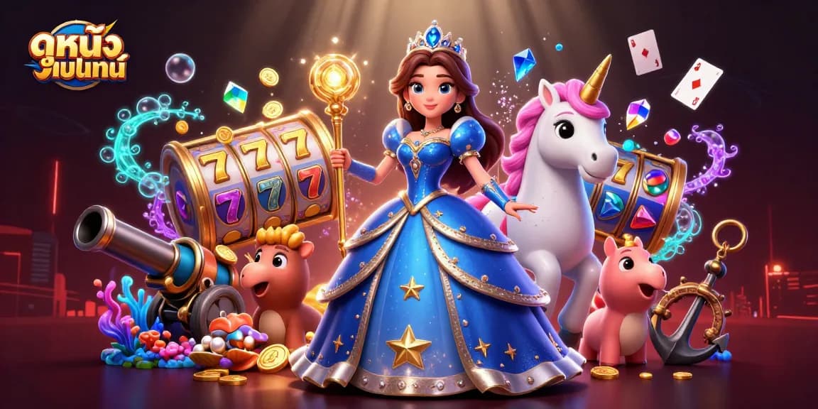 Engage with ดูหนังออนไลน์ while exploring vibrant slot reels and treasures in a magical casino scene
