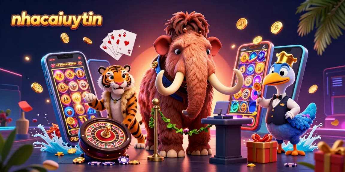 Play thrilling slot games at nhacaiuytin with a vibrant casino scene featuring dynamic characters and engaging game elements.