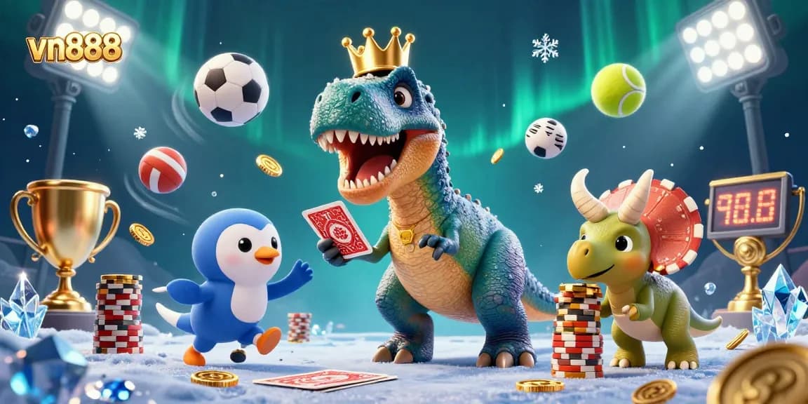 Experience the excitement of vn888 betting with a T-Rex and friends in a vibrant casino scene.