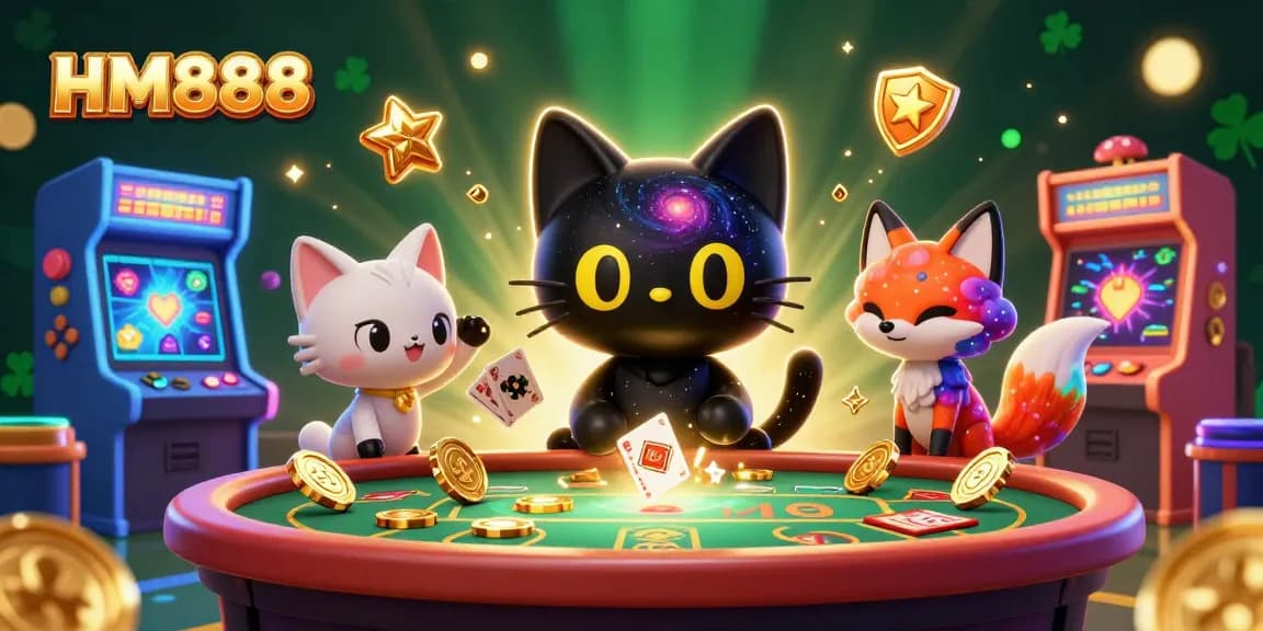 Engage with HM888's cosmic casino scene featuring the black hole cat and nebula fox companions.