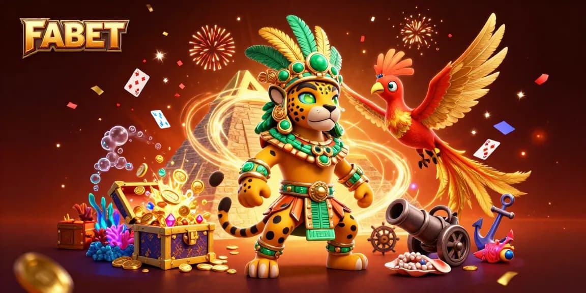 FABET casino-themed illustration featuring a Mayan jaguar priest and treasure elements for gamers.