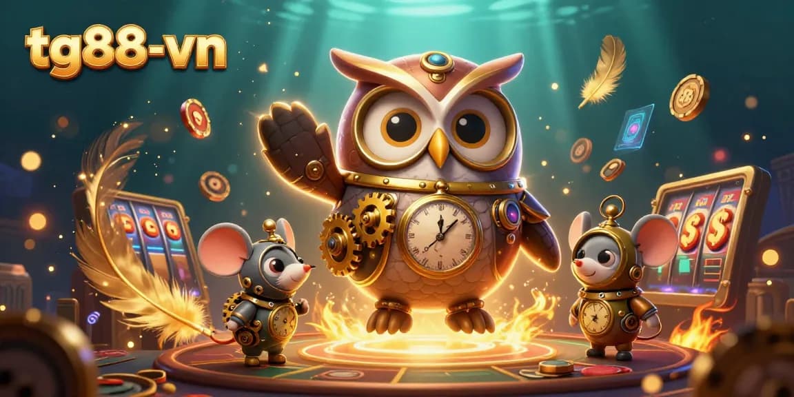 Engage with the dynamic world of tg88-vn, featuring a whimsical 3D owl in a casino scene full of vibrant game elements.