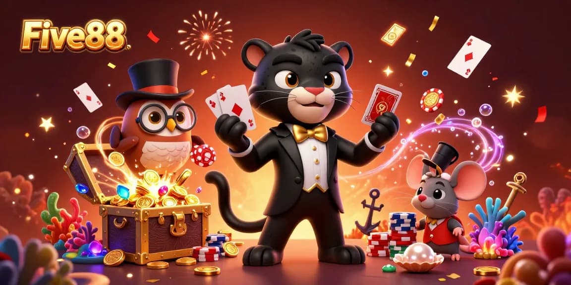 Five88 showcases an exciting scene with gaming characters in a vibrant casino setting, enhancing user engagement.