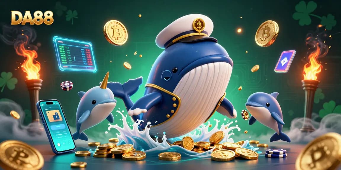 Engage with DA88 casino excitement as a whale, narwhal, and dolphins celebrate winnings in vibrant 3D.