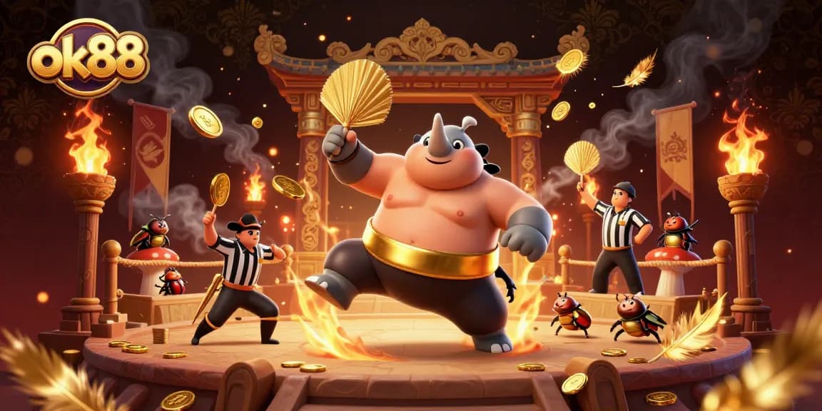 ok88 delivers thrilling action as a sumo beetle stomps, coins flying in a vibrant arena.