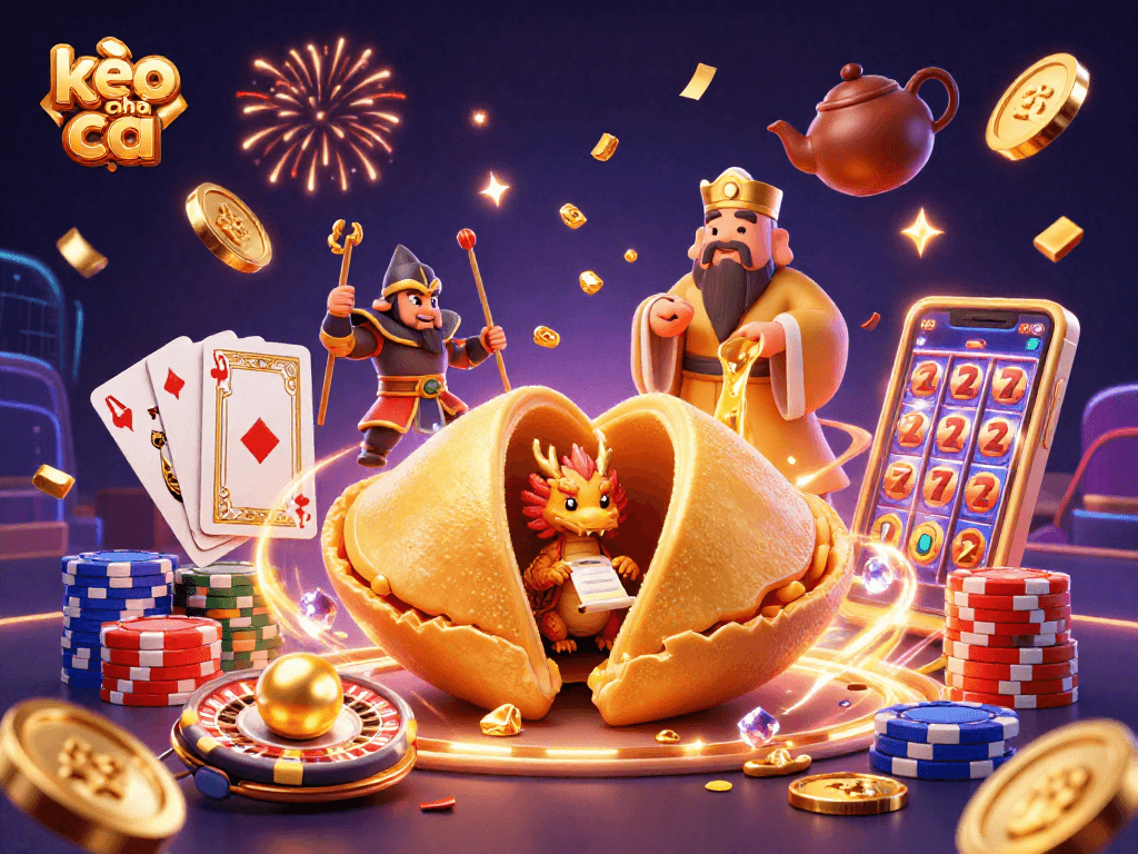 Engage with kèo nhà cái in this vibrant, dynamic 3D scene filled with casino elements.