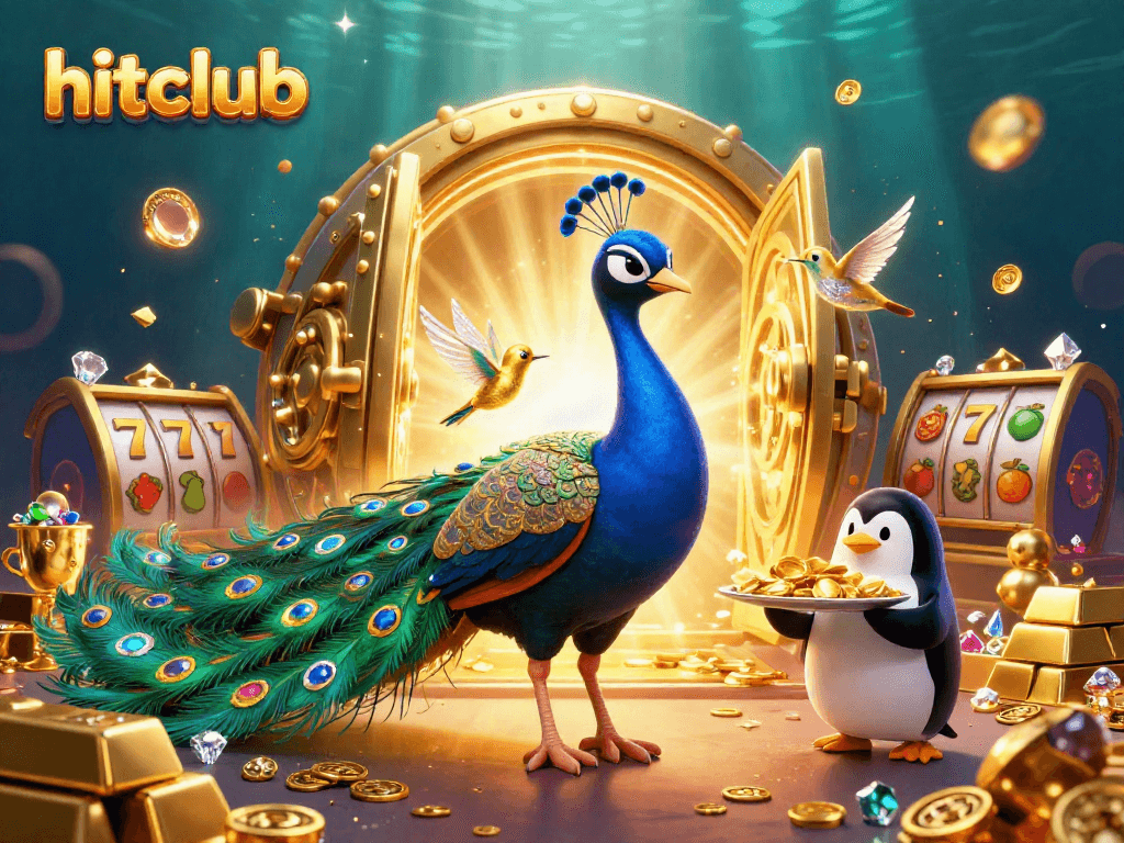 Hitclub players enjoy slots with vibrant characters and treasures in a colorful casino scene.