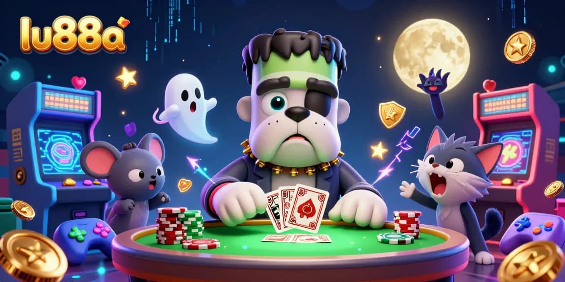 Engage in thrilling card games with lu88a's animated characters at a vibrant casino.