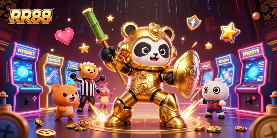 Experience thrilling gameplay with RR88 in a vibrant 3D casino arena surrounded by dynamic elements.