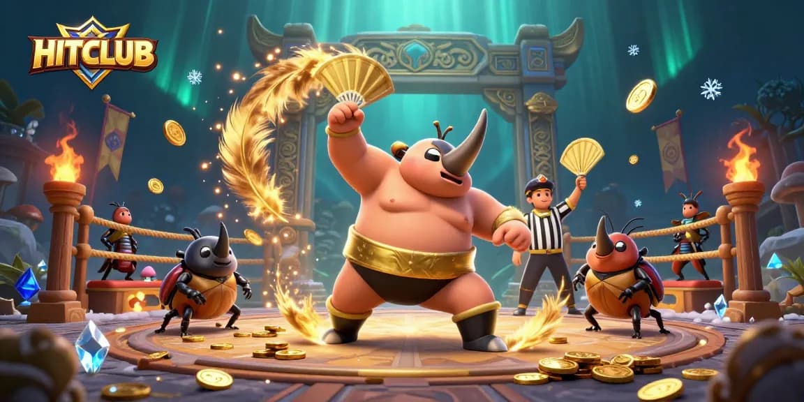 Engage with HITCLUB's thrilling gameplay as a sumo beetle champion triumphs, scattering coins in a lively arena.