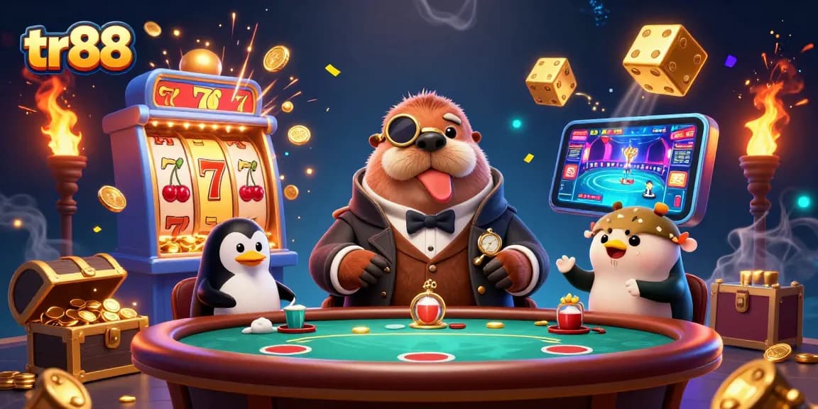 tr88 showcases a lively underwater poker game scene with a walrus, penguin dealer, and bluffing pufferfish, surrounded by casino elements.