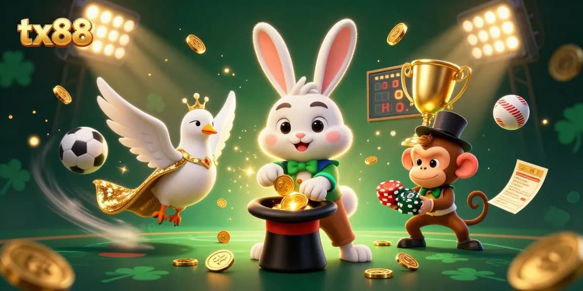 Engage with the magic of tx88, where a magician rabbit unveils riches amidst a dynamic casino scene.