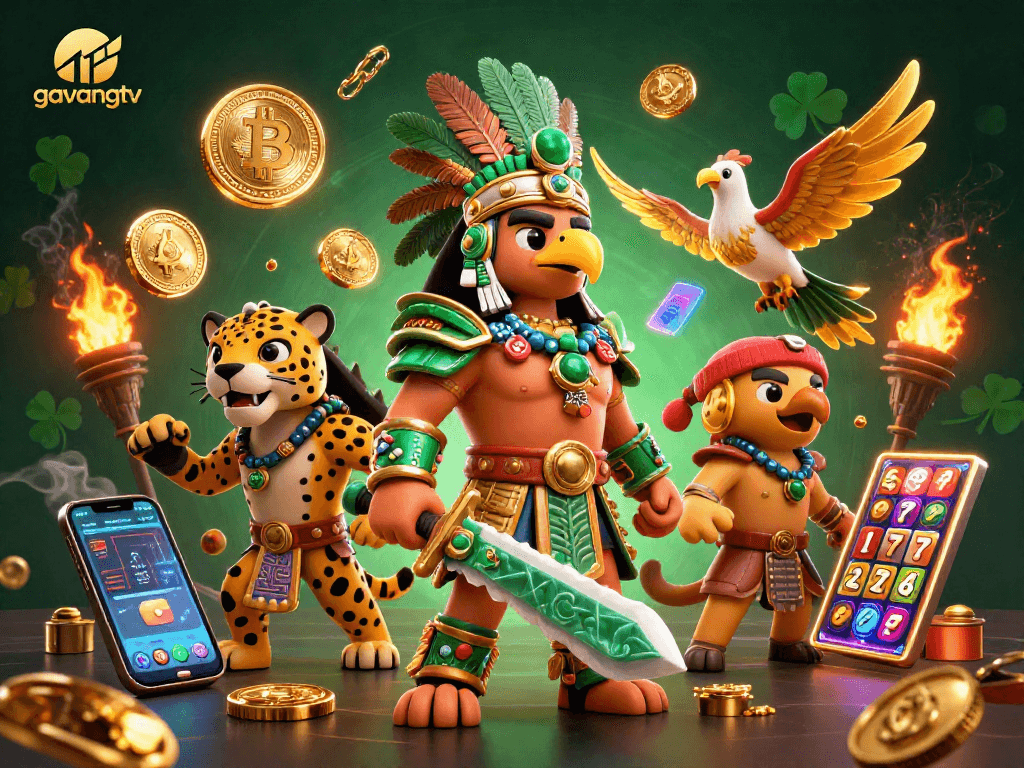 Play slots with gavangtv and enjoy vibrant Aztec warriors, crypto coins, and jackpot elements.