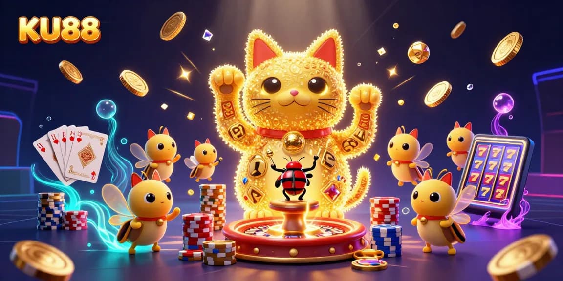 Experience the magic of KU88 with a vibrant casino scene featuring a lucky cat and dynamic game elements.