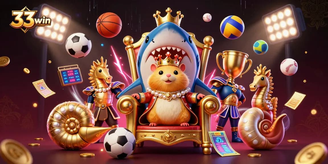 Experience the excitement of 33win with a golden hamster king amid thrilling gaming elements and sports.