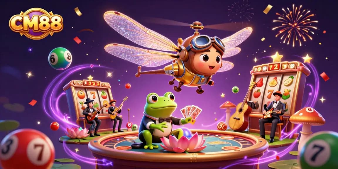 Experience thrilling casino action with CM88 as the dragonfly pilot guides players in a vibrant gaming scene.