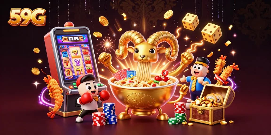 Experience the excitement at 59G with a vibrant 3D casino scene featuring whimsical characters and dynamic game elements.
