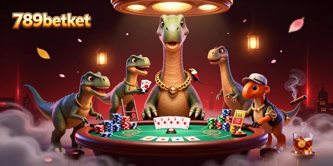 Experience thrilling poker action at 789betket with a giant brontosaurus dealer carding from above.