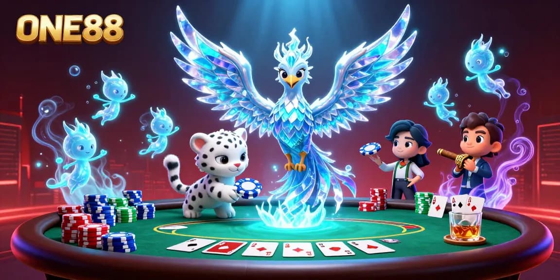 Engage in thrilling gaming at ONE88 with an ice phoenix and poker chip adventure.