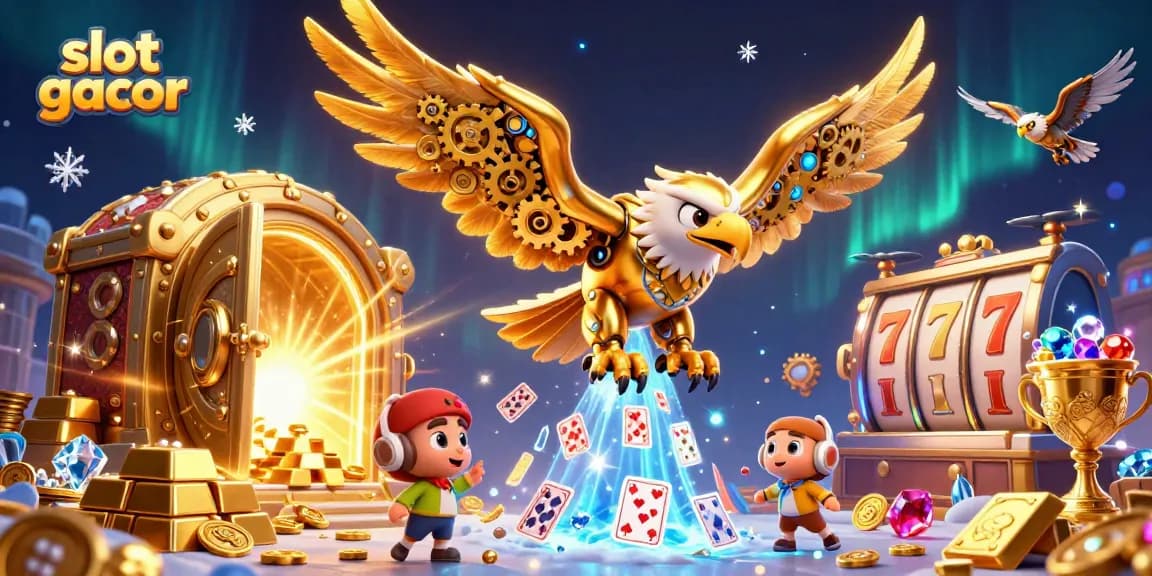 Dive into slot gacor excitement with golden eagle and holographic cards surrounded by treasures.
