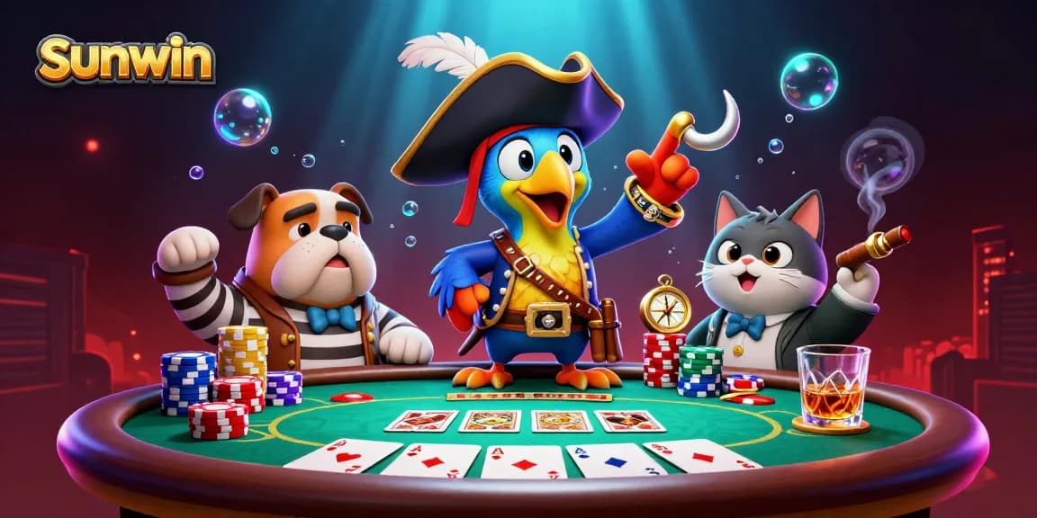 Engage in exciting poker gameplay with sunwin's vibrant 3D pirate scene and colorful chips.