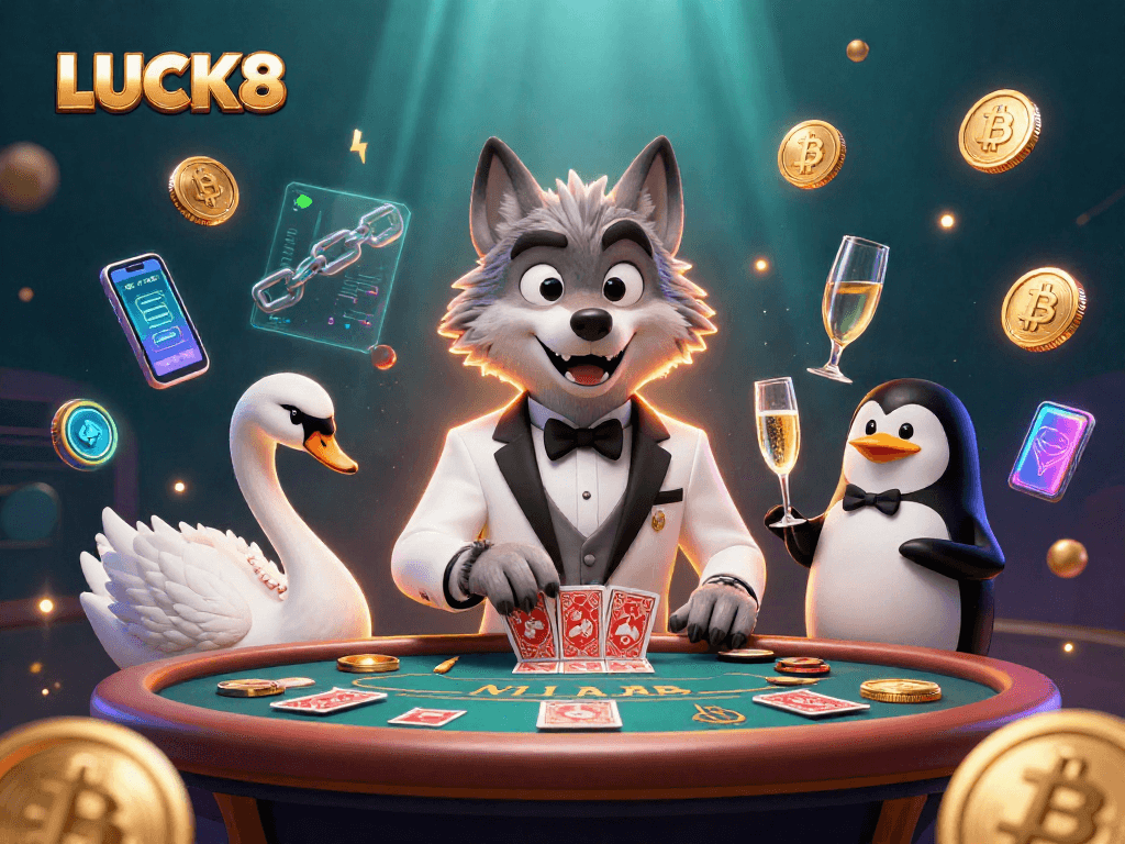 LUCK8 tham gia trò chơi casino với cáo, thiên nga và chim cánh cụt trong một khung cảnh sống động.
