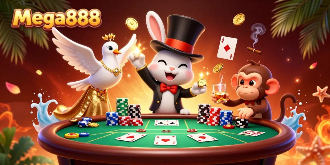 Experience mega888 magic with a cartoon rabbit pulling coins, engaging gambling atmosphere.