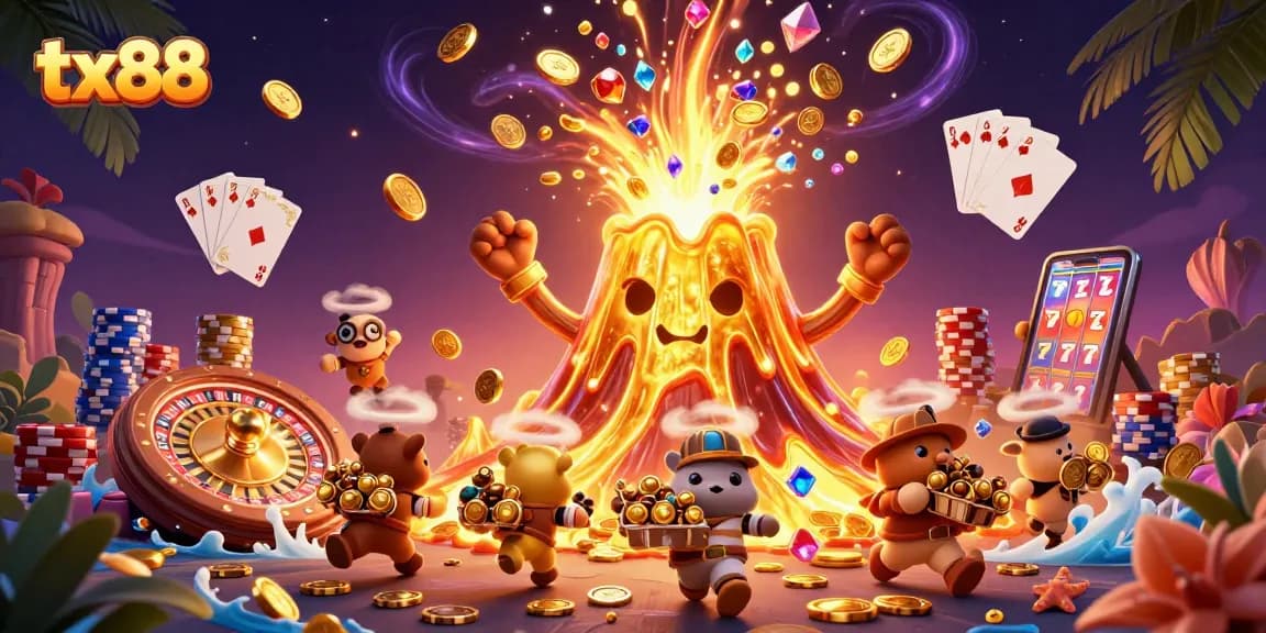 Experience the thrilling atmosphere of tx88 with vibrant casino elements and a golden volcano erupting treasures.