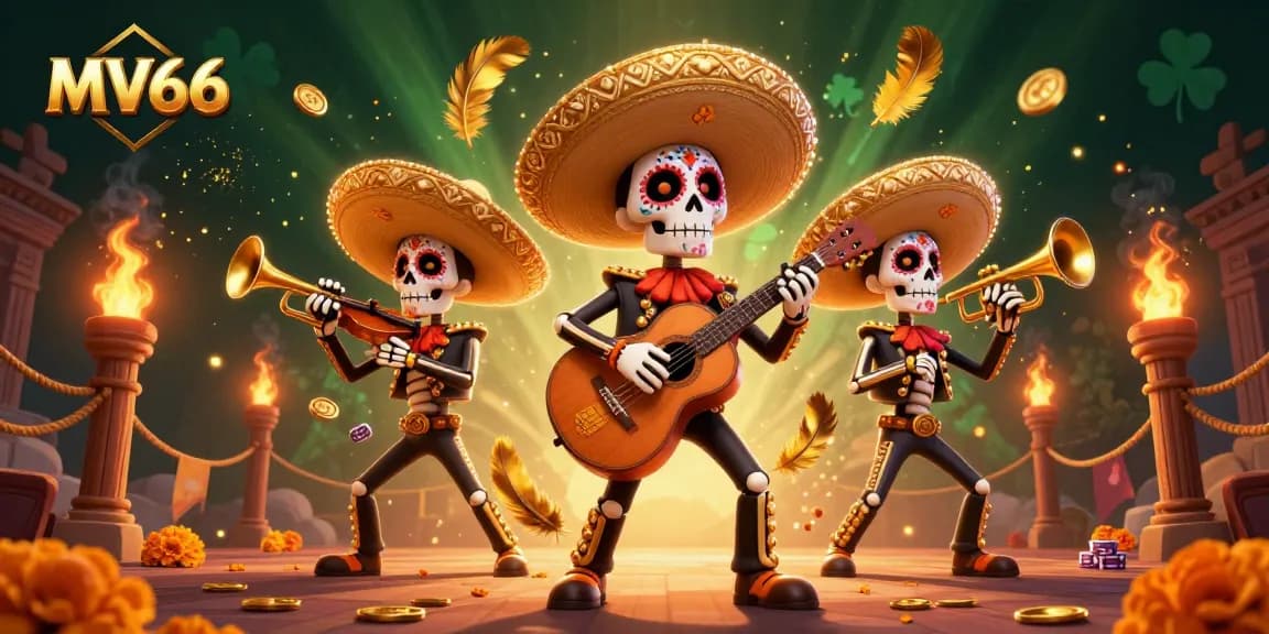 Engage with MV66 by experiencing a festive casino scene featuring vibrant mariachi skeletons.