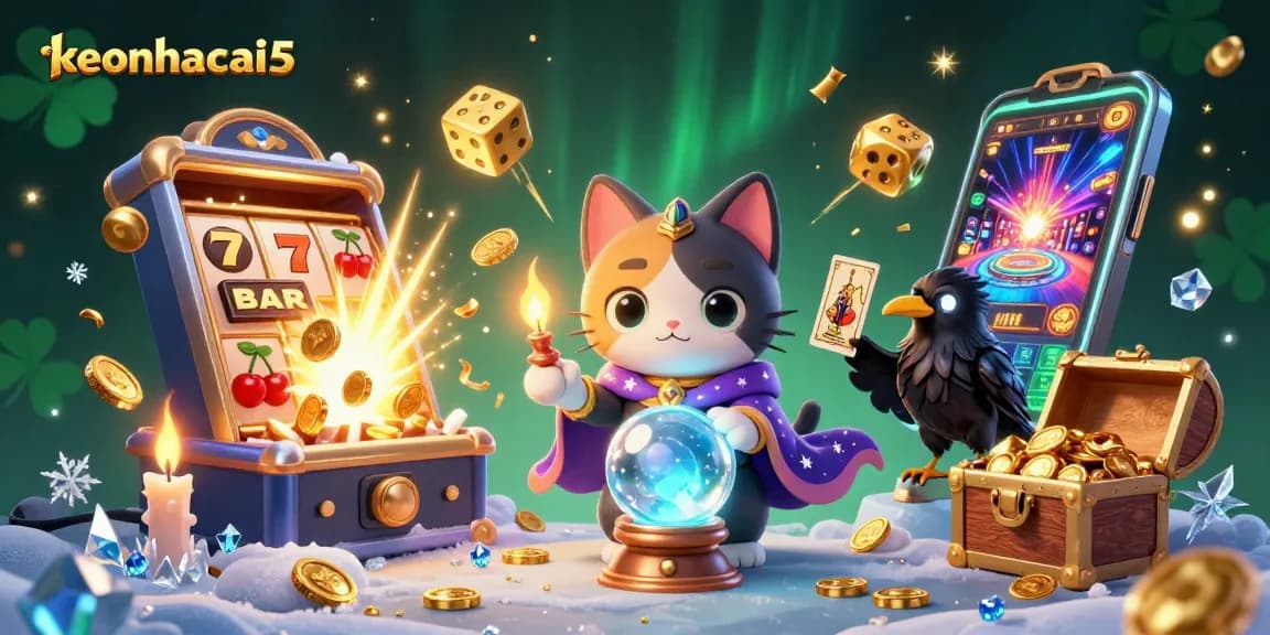 Experience excitement with keonhacai5 as a mystic cat forecasts wins amidst slot machines and coins.
